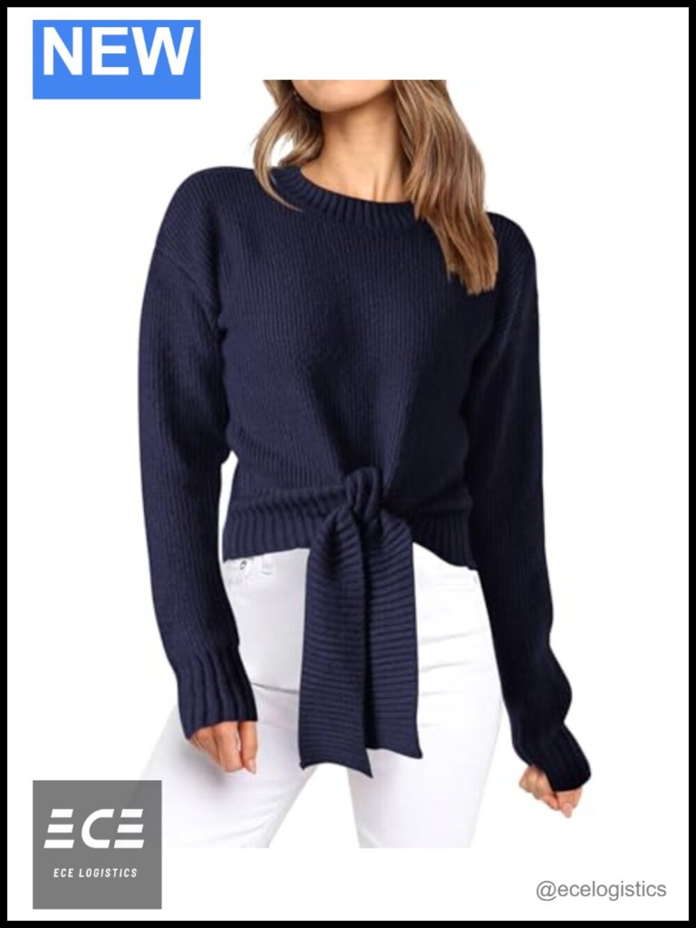 Womens Cable Knit Tie Front Crop Sweater Crew Neck Long Sleeve Pullover
